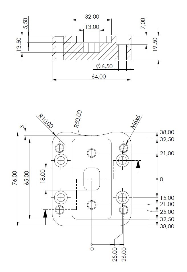Plano de pieza acotado con roscados y radios